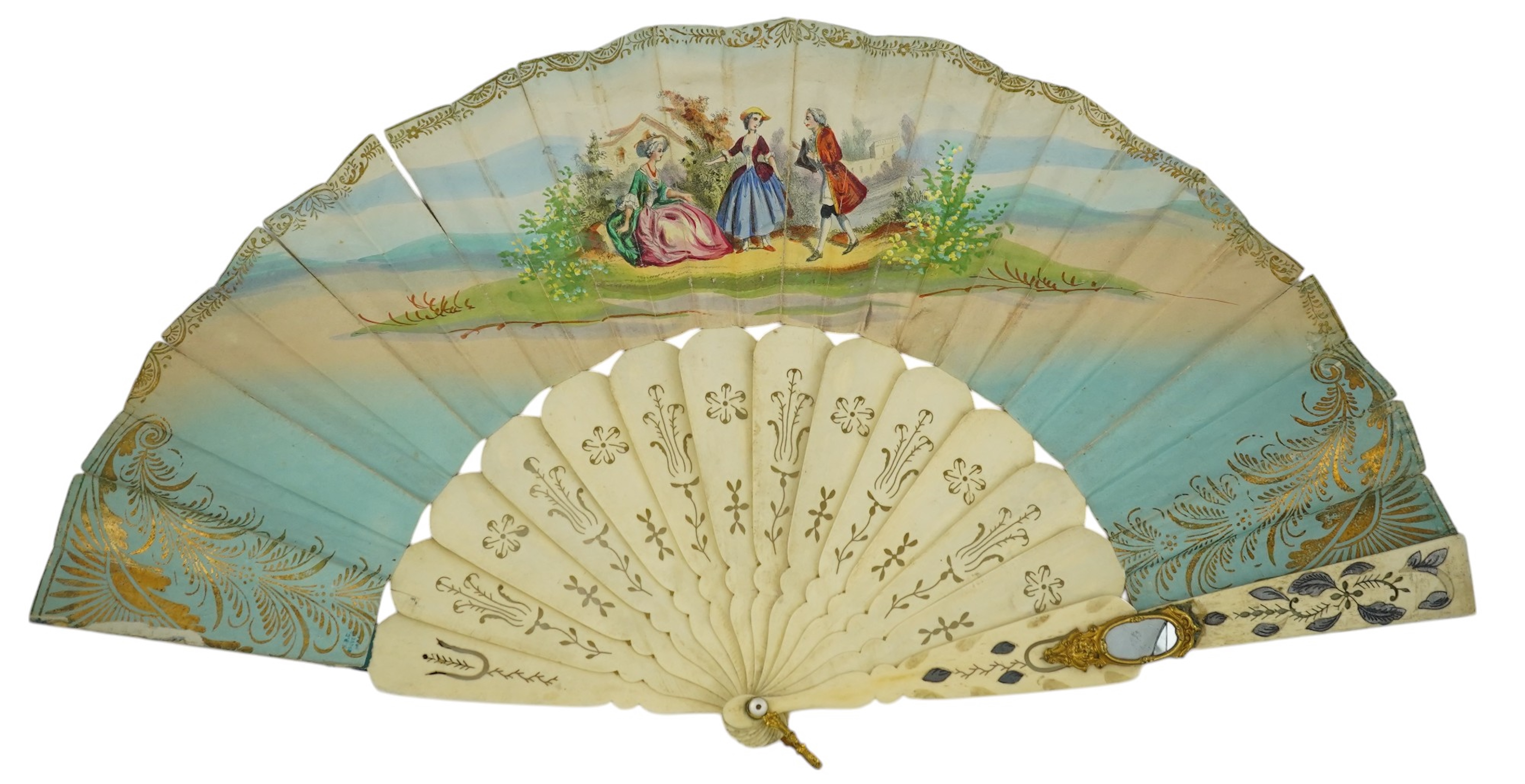 Three French fans: a mother of pearl and sequin fan boxed, a painted silk, feather and bone fan and a gilt decorated bone figural paper fan, the two bone fans having gilt mirrored mounts on the guards, figural paper fan